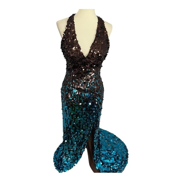 Jovani Dresses & Skirts - Jovani turquoise beaded halter sequin prom dress Y2K evening gown pageant dress